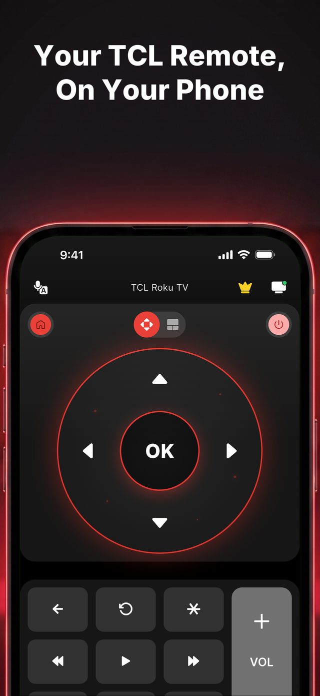Remote for TCL TV — your TCL remote on your phone, D-pad with a glowing red OK