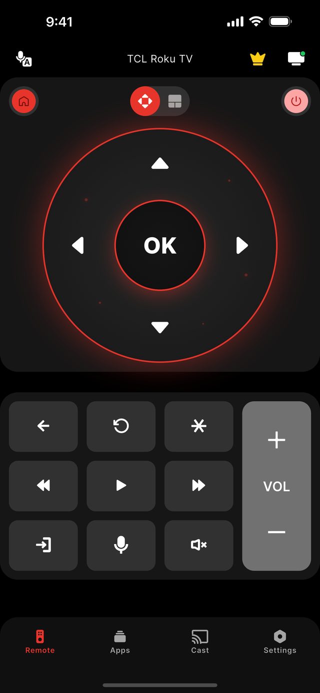 Remote for TCL TV app connected to a TCL Roku TV, showing the D-pad with a glowing red OK button